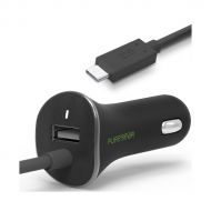 PureGear Car Charger with USB-C Connector and USB Port - 24W - Black